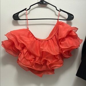 Zara Orange Asymmetrical Ruffled Sleeveless Blouse